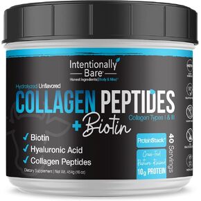 Intentionally Bare Collagen Powder Unflavored - Collagen Peptides Powder with Biotin & Hyaluronic Acid - Non-GMO & Grass Fed Collagen Protein Powder with 10g Protein - Keto Collagen Powder 40 Servings