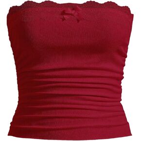 SOLY HUX Women's Lace Trim Ruched Bandeau Crop Tube Tops Bowknot Front Strapless Summer Tops