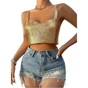 SHENHE Women's Metallic Glitter Open Back Sleeveless Sexy Backless Party Club Crop Top
