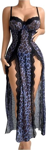Milumia Women's Leopard Print Lace Trim Cami Lingerie Dresses Split Thigh Nightgown in Saudi Arabia