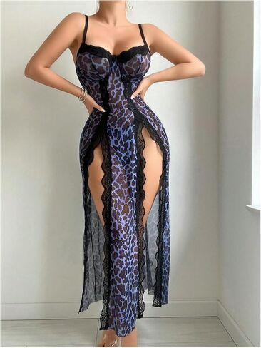 Milumia Women's Leopard Print Lace Trim Cami Lingerie Dresses Split Thigh Nightgown in Saudi Arabia