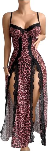 Milumia Women's Leopard Print Lace Trim Cami Lingerie Dresses Split Thigh Nightgown in Saudi Arabia