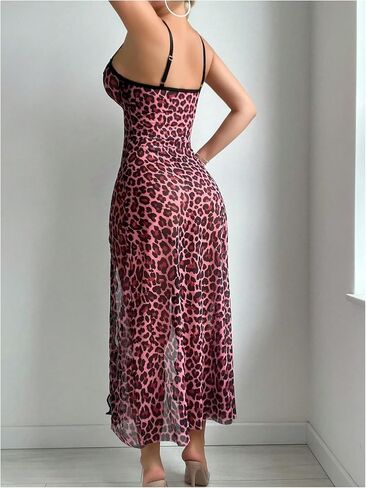 Milumia Women's Leopard Print Lace Trim Cami Lingerie Dresses Split Thigh Nightgown in Saudi Arabia