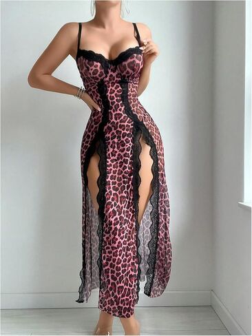 Milumia Women's Leopard Print Lace Trim Cami Lingerie Dresses Split Thigh Nightgown in Saudi Arabia