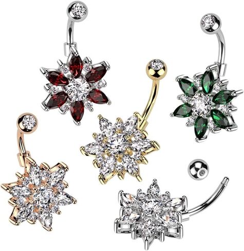 Pierced Owl 14GA 316L Stainless Steel CZ Crystal Flower with Marquise Petals Belly Button Ring in Saudi Arabia