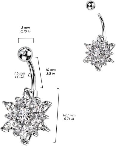 Pierced Owl 14GA 316L Stainless Steel CZ Crystal Flower with Marquise Petals Belly Button Ring in Saudi Arabia