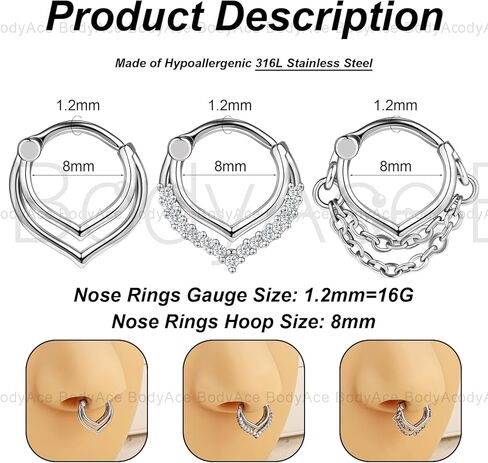 BodyAce 3PCS 16G حلقات الأنف الفرس، الفولاذ المقاوم للصدأ تشيكوسلوفاكيا هيليكس الزنمة الأطواق الغضروف Daith الأقراط، قطرة الماء يتوقف الجزء الفرس حلقة ثقب المجوهرات in Kuwait