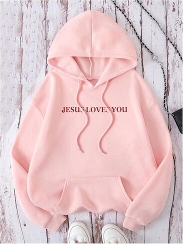 GORGLITTER Women's Letter Print Drawstring Pullover Hoodie Causal Long Sleeve Loose Hooded Sweatshirt with Pocket in Saudi Arabia