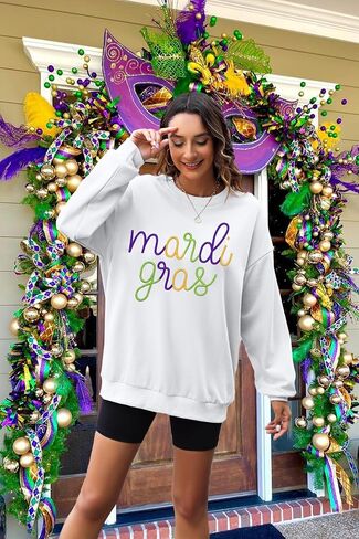 EGELEXY Mardi Gras Sweatshirt Carnival Outfits ：Women Carnival Embroidery Sweatshirts Fat Tuesday Pullover Tops in Saudi Arabia