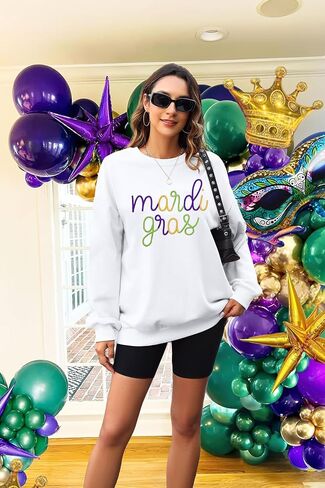 EGELEXY Mardi Gras Sweatshirt Carnival Outfits ：Women Carnival Embroidery Sweatshirts Fat Tuesday Pullover Tops in Saudi Arabia