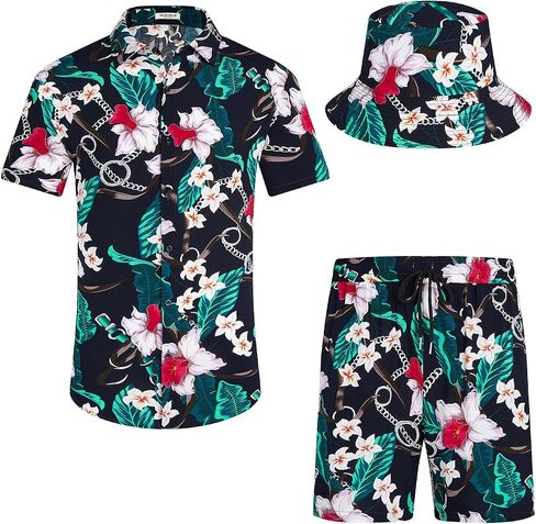 EISHOPEER Men's Flower Hawaiian Sets Casual Short Sleeve Shirt and Shorts Suits Outfits with Bucket Hats in Kuwait