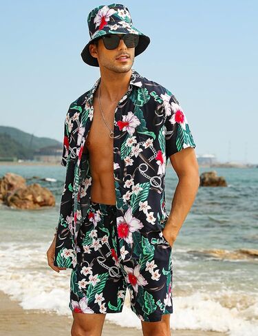 EISHOPEER Men's Flower Hawaiian Sets Casual Short Sleeve Shirt and Shorts Suits Outfits with Bucket Hats in Kuwait