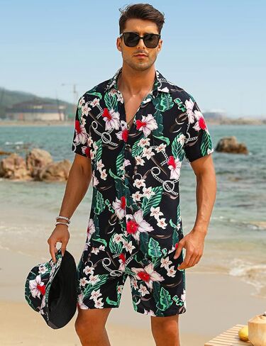 EISHOPEER Men's Flower Hawaiian Sets Casual Short Sleeve Shirt and Shorts Suits Outfits with Bucket Hats in Kuwait