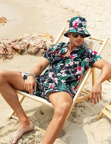 EISHOPEER Men's Flower Hawaiian Sets Casual Short Sleeve Shirt and Shorts Suits Outfits with Bucket Hats in Kuwait