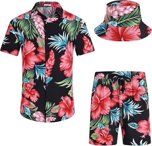 EISHOPEER Men's Flower Hawaiian Sets Casual Short Sleeve Shirt and Shorts Suits Outfits with Bucket Hats in Kuwait