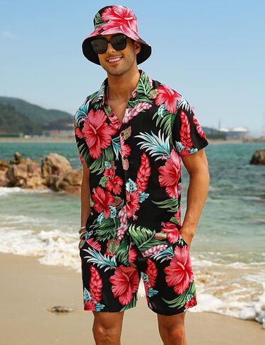 EISHOPEER Men's Flower Hawaiian Sets Casual Short Sleeve Shirt and Shorts Suits Outfits with Bucket Hats in Kuwait