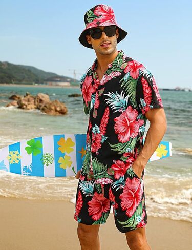 EISHOPEER Men's Flower Hawaiian Sets Casual Short Sleeve Shirt and Shorts Suits Outfits with Bucket Hats in Kuwait