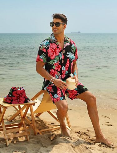 EISHOPEER Men's Flower Hawaiian Sets Casual Short Sleeve Shirt and Shorts Suits Outfits with Bucket Hats in Kuwait