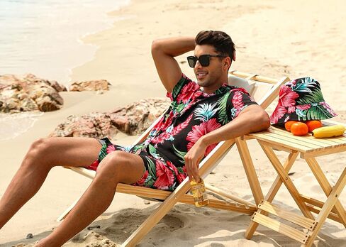 EISHOPEER Men's Flower Hawaiian Sets Casual Short Sleeve Shirt and Shorts Suits Outfits with Bucket Hats in Kuwait