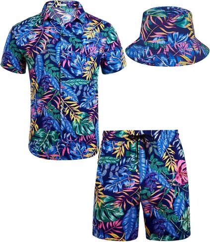 EISHOPEER Men's Flower Hawaiian Sets Casual Short Sleeve Shirt and Shorts Suits Outfits with Bucket Hats in Kuwait