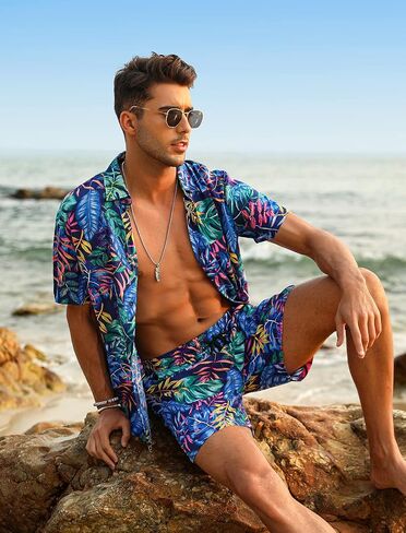 EISHOPEER Men's Flower Hawaiian Sets Casual Short Sleeve Shirt and Shorts Suits Outfits with Bucket Hats in Kuwait