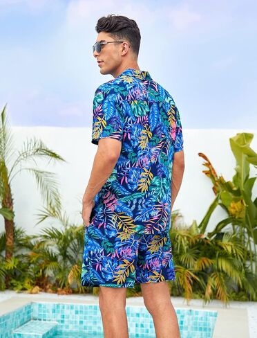 EISHOPEER Men's Flower Hawaiian Sets Casual Short Sleeve Shirt and Shorts Suits Outfits with Bucket Hats in Kuwait