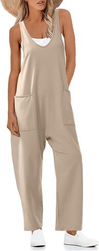 Women's V Neck Sleeveless Jumpsuit Straps Long Pants Rompers with Pockets in Saudi Arabia