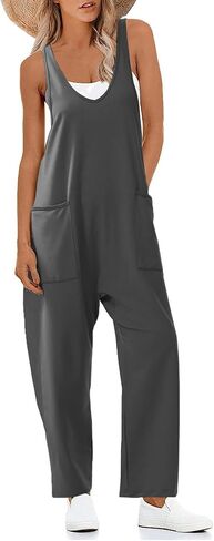 Women's V Neck Sleeveless Jumpsuit Straps Long Pants Rompers with Pockets in Saudi Arabia