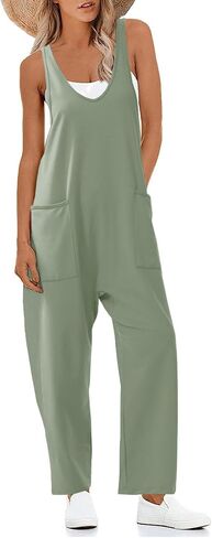 Women's V Neck Sleeveless Jumpsuit Straps Long Pants Rompers with Pockets in Saudi Arabia