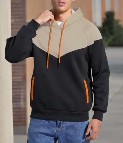 Men's Midweight Fleece Pullover Hoodies Casual Color Block Hooded Sweatshirt with Pockets in Kuwait