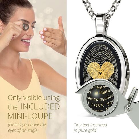 مجموعة مجوهرات NanoStyle Love قلادة I Love You بـ 120 لغة من الذهب الخالص منقوشة بنص مصغر على قلادة هدية عيد ميلاد من العقيق وأقراط متدلية على شكل قلب من الكريستال الأسود للنساء، سلسلة رولو مقاس 45.72 سم in Kuwait