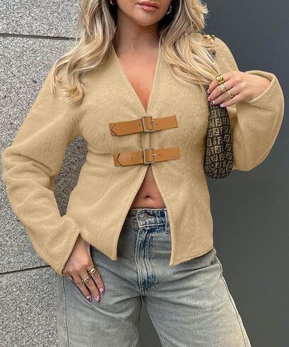 Cicy Bell معطف نسائي قصير من البازلاء وفتحة رقبة على شكل V وسترات صوف قصيرة عتيقة كاجوال Y2K سترة خريفية مفتوحة من الأمام مع مشبك in Kuwait