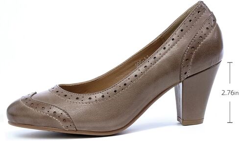 Mona flying Women's Vintage Leather Pump Chunky Heel Round Toe Office Dress Shoes for Ladies in Kuwait