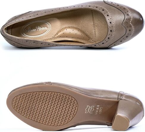 Mona flying Women's Vintage Leather Pump Chunky Heel Round Toe Office Dress Shoes for Ladies in Kuwait