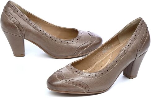Mona flying Women's Vintage Leather Pump Chunky Heel Round Toe Office Dress Shoes for Ladies in Kuwait