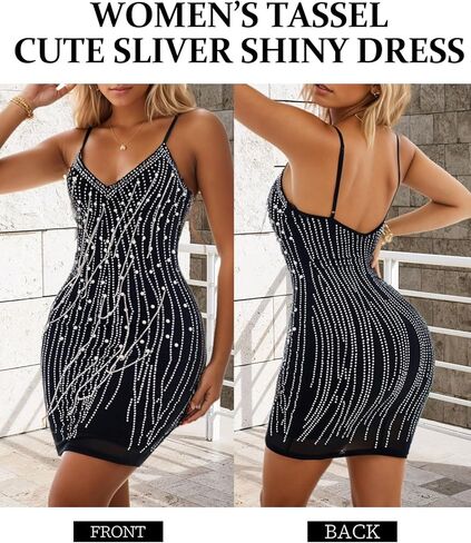 Sparkly Sequin Black Tassel Dress for Teens V Neck Short Prom Dress Glitter Bodycon Mini Dress Night Club Party Dress in Saudi Arabia