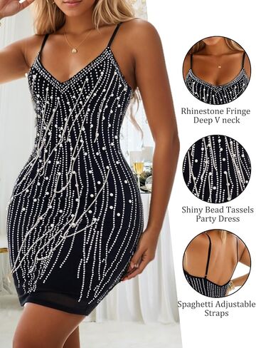 Sparkly Sequin Black Tassel Dress for Teens V Neck Short Prom Dress Glitter Bodycon Mini Dress Night Club Party Dress in Saudi Arabia