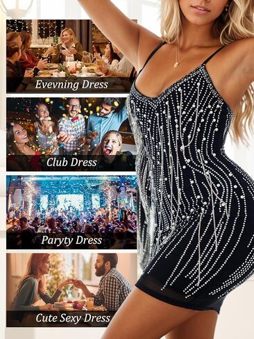 Sparkly Sequin Black Tassel Dress for Teens V Neck Short Prom Dress Glitter Bodycon Mini Dress Night Club Party Dress in Saudi Arabia
