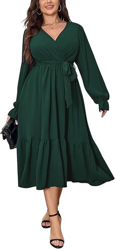 SCOMCHIC Womens Plus Size Wedding Guest Dresses Long Sleeve Wrap V Neck Belted Ruffle Hem A-Line Flowy Maxi Cocktail Dress in Kuwait