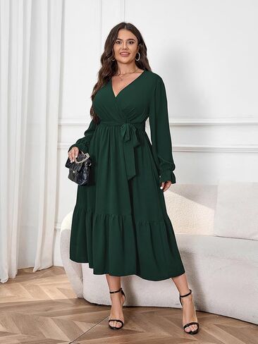SCOMCHIC Womens Plus Size Wedding Guest Dresses Long Sleeve Wrap V Neck Belted Ruffle Hem A-Line Flowy Maxi Cocktail Dress in Kuwait