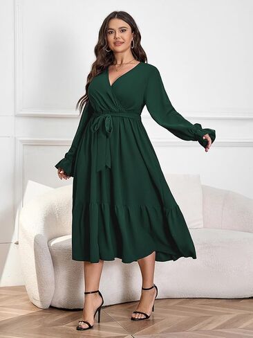 SCOMCHIC Womens Plus Size Wedding Guest Dresses Long Sleeve Wrap V Neck Belted Ruffle Hem A-Line Flowy Maxi Cocktail Dress in Kuwait