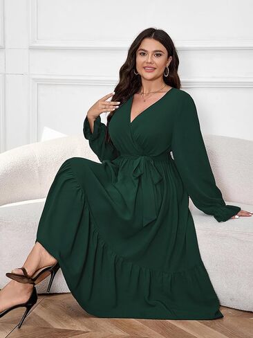 SCOMCHIC Womens Plus Size Wedding Guest Dresses Long Sleeve Wrap V Neck Belted Ruffle Hem A-Line Flowy Maxi Cocktail Dress in Kuwait