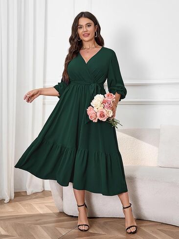 SCOMCHIC Womens Plus Size Wedding Guest Dresses Long Sleeve Wrap V Neck Belted Ruffle Hem A-Line Flowy Maxi Cocktail Dress in Kuwait
