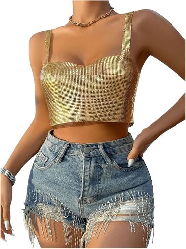 SHENHE Women's Metallic Glitter Open Back Sleeveless Sexy Backless Party Club Crop Top in Saudi Arabia
