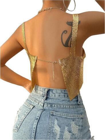 SHENHE Women's Metallic Glitter Open Back Sleeveless Sexy Backless Party Club Crop Top in Saudi Arabia