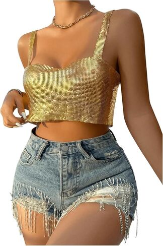 SHENHE Women's Metallic Glitter Open Back Sleeveless Sexy Backless Party Club Crop Top in Saudi Arabia