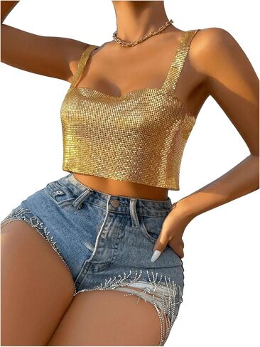 SHENHE Women's Metallic Glitter Open Back Sleeveless Sexy Backless Party Club Crop Top in Saudi Arabia