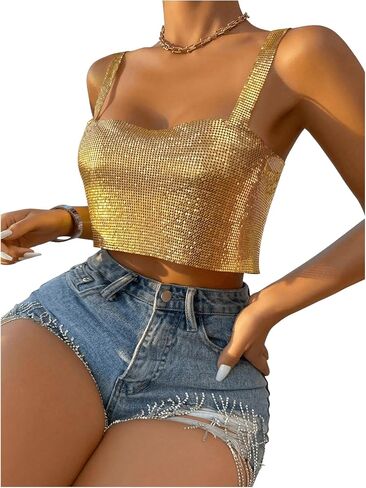 SHENHE Women's Metallic Glitter Open Back Sleeveless Sexy Backless Party Club Crop Top in Saudi Arabia