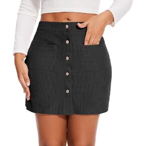 Womens Vintage High Waist Button Corduroy A-line Skirt Bodycon Mini Pencil Skirt with Pockets