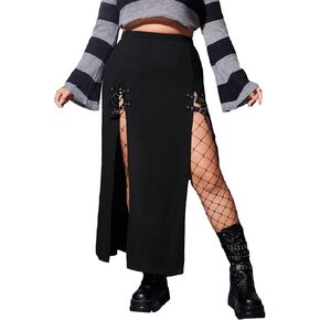 OYOANGLE Women's Plus Size High Slit Buckle Maxi Skirt Y2K Streetwear Long Skirts